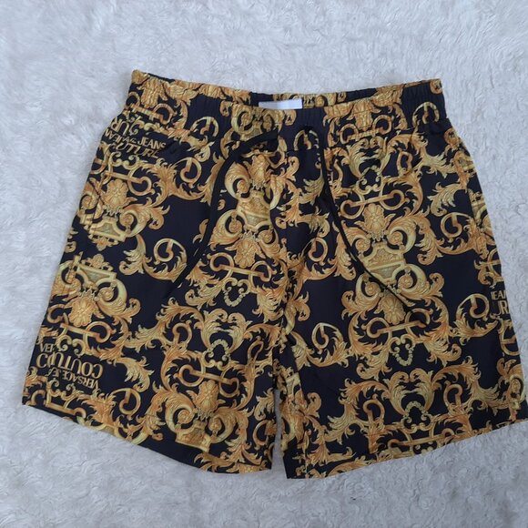 Versace Jeans Couture Black Gold Baroque Logo Print Swim Shorts Size US M - Picture 2 of 11
